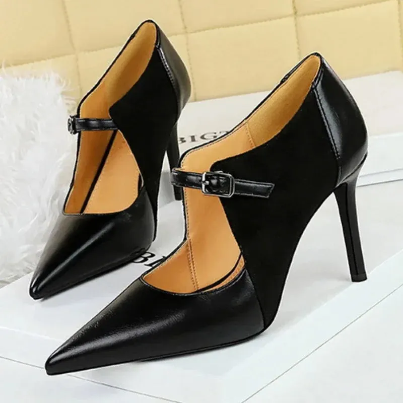 Women Pumps Suede and PU Leather Design Retro High Heels Ladies Shoes Stilettos Women Heels