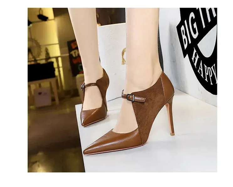 Women Pumps Suede and PU Leather Design Retro High Heels Ladies Shoes Stilettos Women Heels