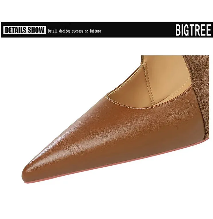 Women Pumps Suede and PU Leather Design Retro High Heels Ladies Shoes Stilettos Women Heels