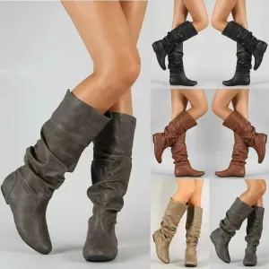 Women Shoes Flat Heel Solid Color Long Boots Pointed Toe knee high boots Ladies Boots Leather Stitching Casual Girl Cute Flats Boot
