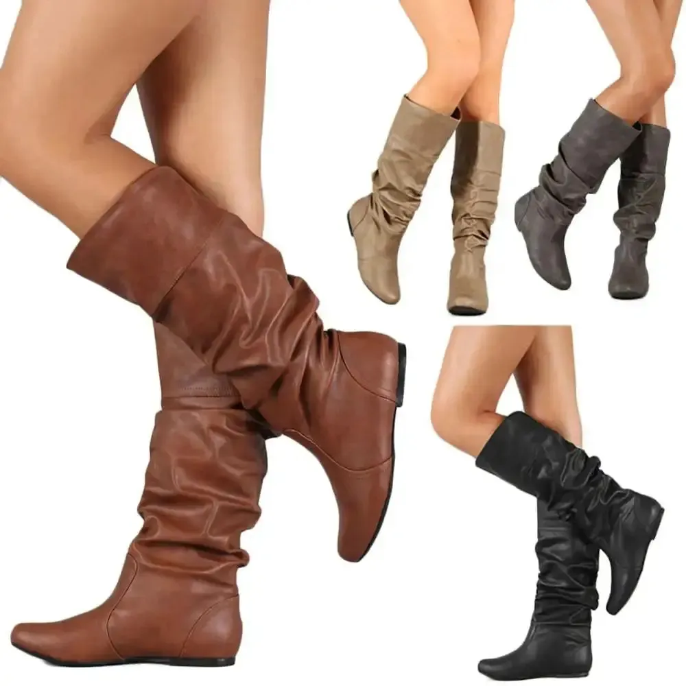 Women Shoes Flat Heel Solid Color Long Boots Pointed Toe knee high boots Ladies Boots Leather Stitching Casual Girl Cute Flats Boot