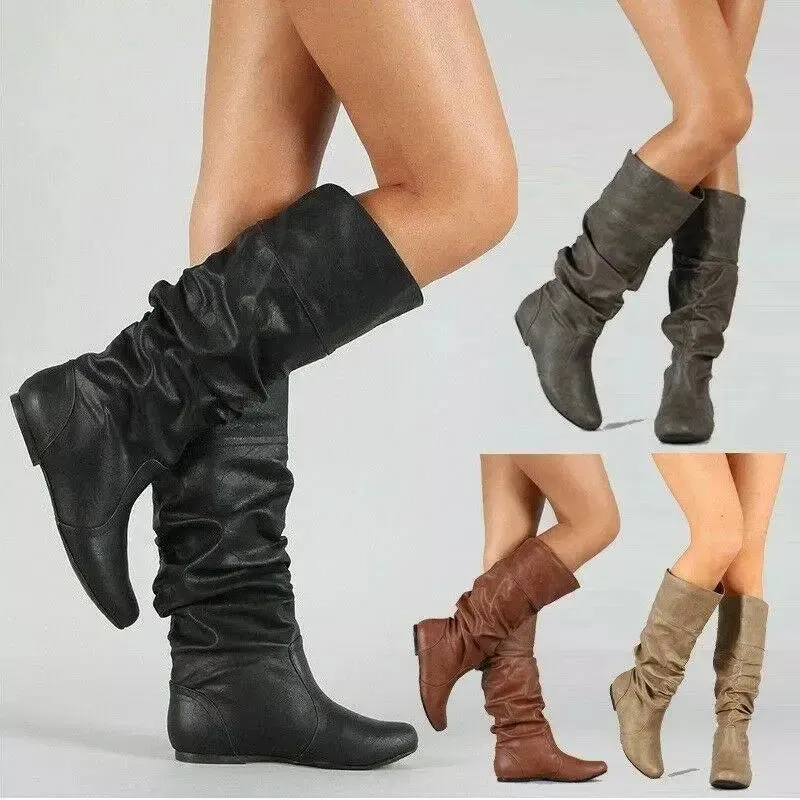 Women Shoes Flat Heel Solid Color Long Boots Pointed Toe knee high boots Ladies Boots Leather Stitching Casual Girl Cute Flats Boot