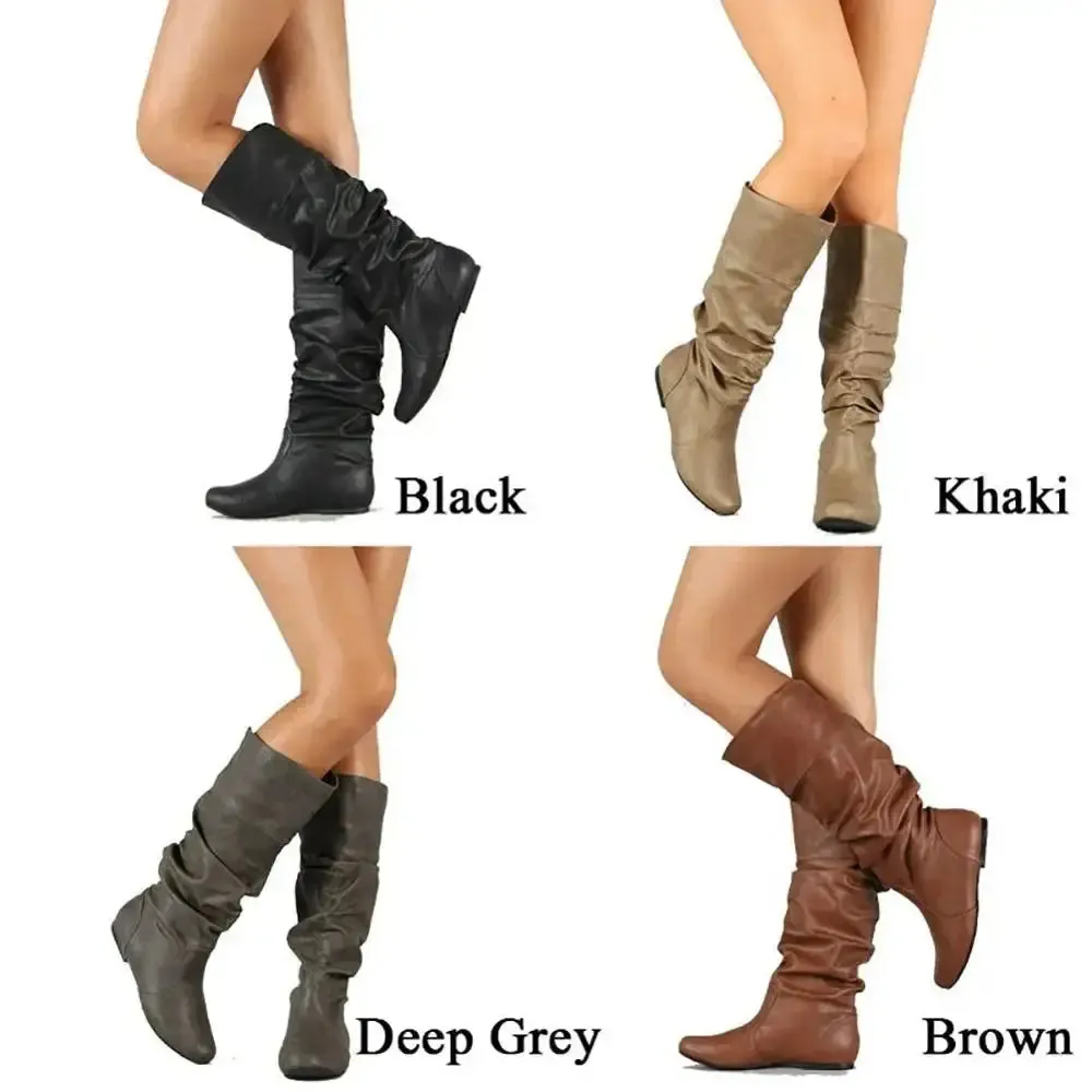 Women Shoes Flat Heel Solid Color Long Boots Pointed Toe knee high boots Ladies Boots Leather Stitching Casual Girl Cute Flats Boot