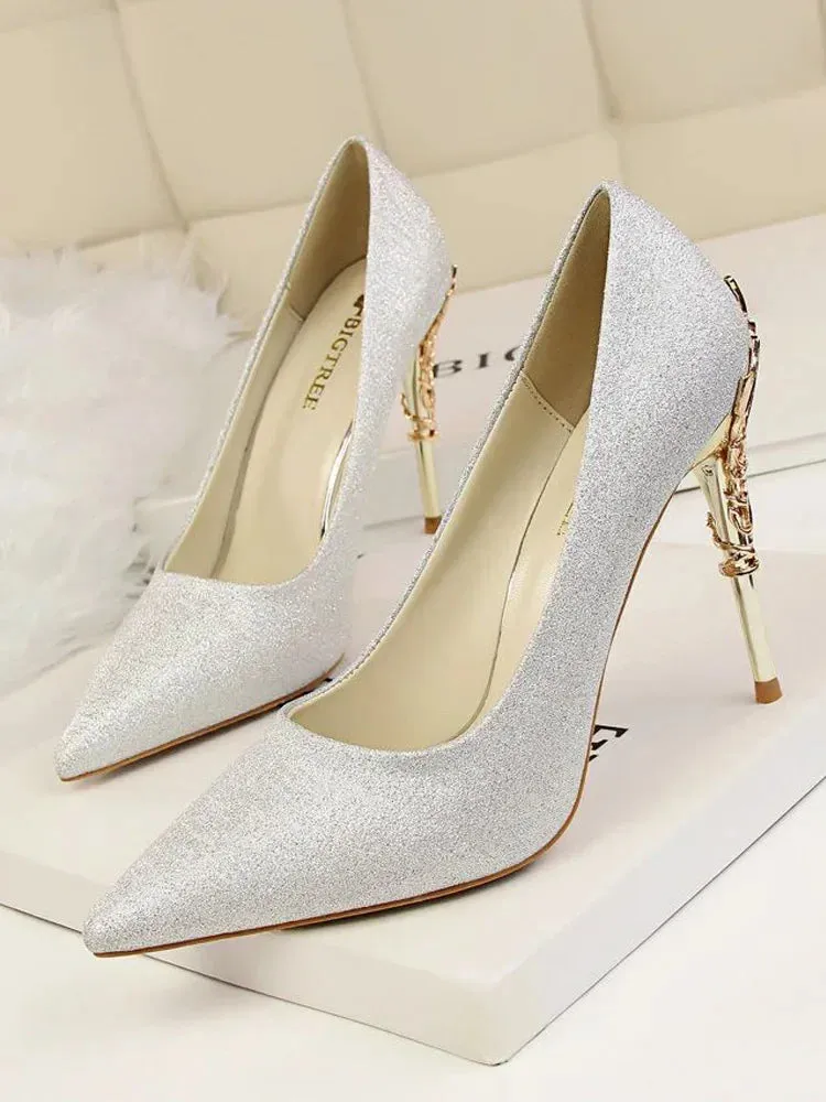 Women Shoes Spring Women Pumps Sequin Wedding Shoes Stilettos Metal Decoration  Heels