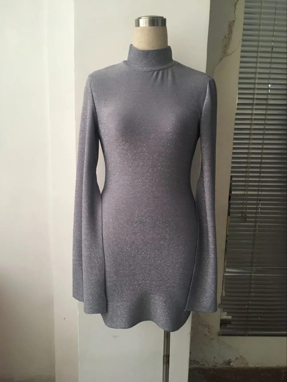 Women's High Collar Split Long-sleeved Step Skirt Sexy Nightclub Bright Crystal Dress
