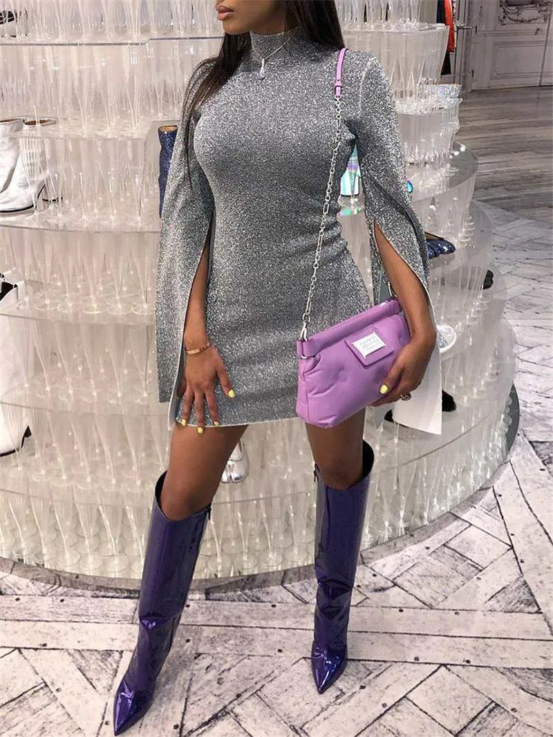 Women's High Collar Split Long-sleeved Step Skirt Sexy Nightclub Bright Crystal Dress
