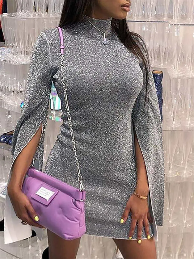 Women's High Collar Split Long-sleeved Step Skirt Sexy Nightclub Bright Crystal Dress