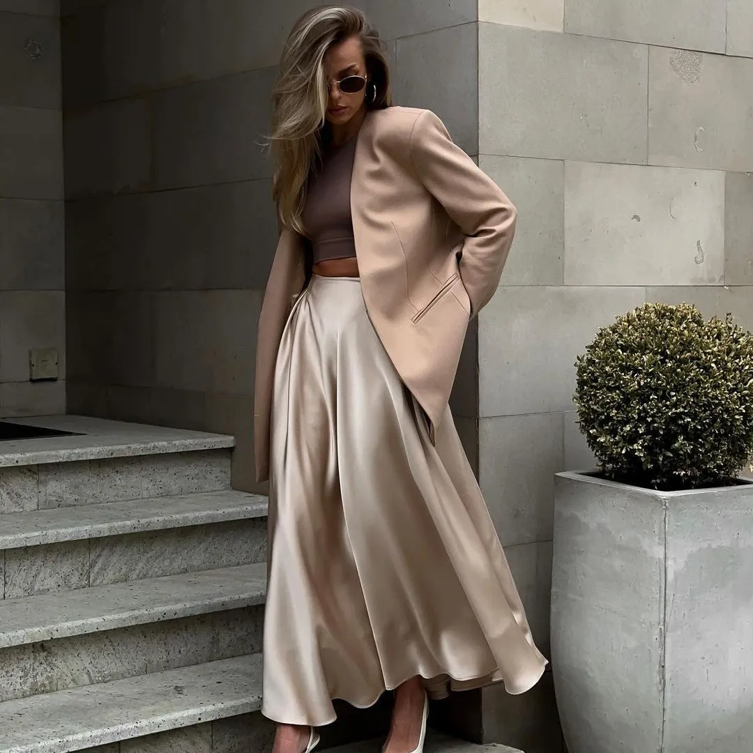 XIEYINSHE Cross-border skirt women's 2025 New summer new temperament elegant high waist satin satin long skirt