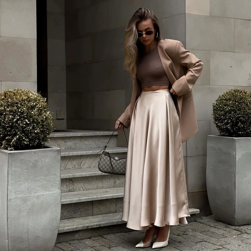 XIEYINSHE Cross-border skirt women's 2025 New summer new temperament elegant high waist satin satin long skirt