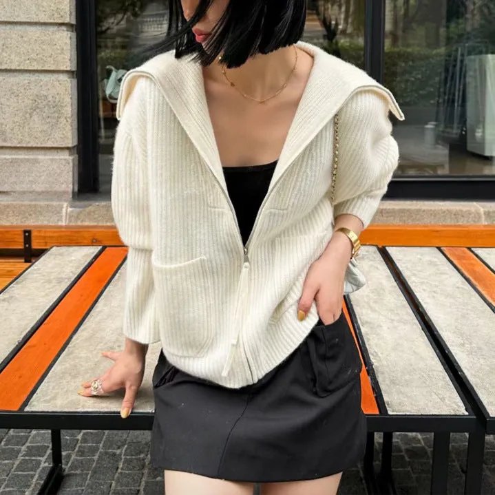 XIEYINSHE Lazy temperament large lapel knitted cardigan New autumn niche pocket zipper design sweater jacket women
