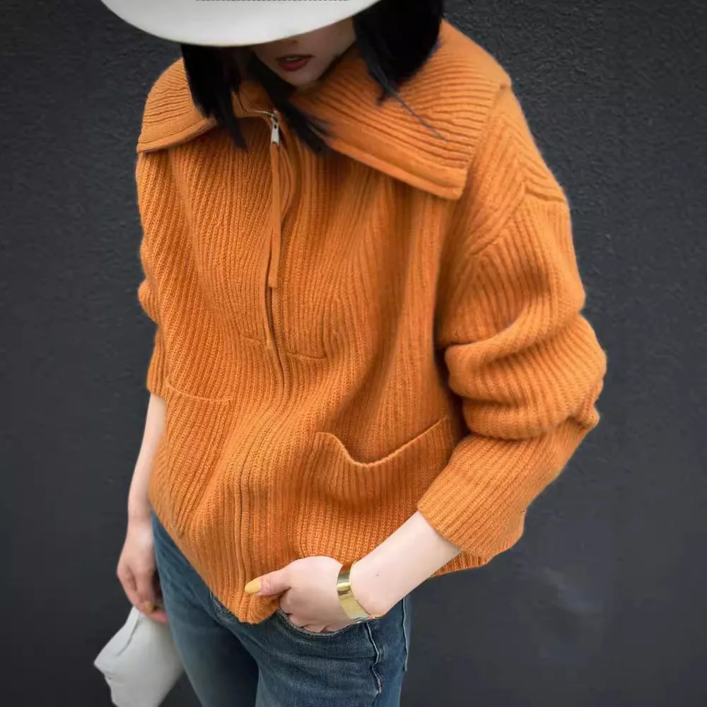 XIEYINSHE Lazy temperament large lapel knitted cardigan New autumn niche pocket zipper design sweater jacket women