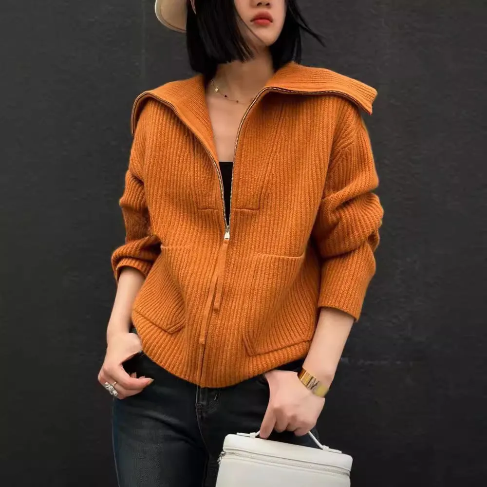 XIEYINSHE Lazy temperament large lapel knitted cardigan New autumn niche pocket zipper design sweater jacket women
